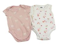 2x body - bílé s plameňáky a jahodami + růžové s kočkami