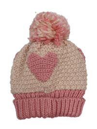 Růžová pletená čepice se srdcem a bambulí Peacocks