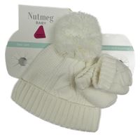 Nové - 2set - Smetanová pletená čepice s bambulí + rukavice Nutmeg
