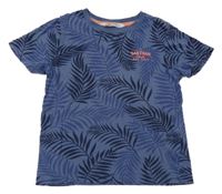 Modré tričko s listy a nápisem H&M
