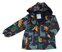 Tmavomodrá šusťáková jarní bunda s barevnými dinosaury a kapucí Matalan