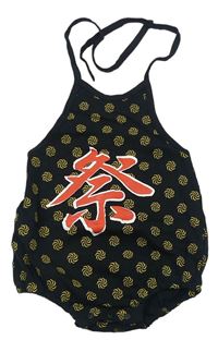 Černý vzorovaný kraťasový overal s čínským znakem