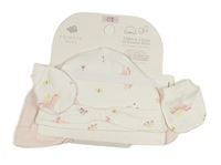 4set - 2x Čepice - bílá s obrázky + světlerůžová 2x Rukavice - bílé s obrázky + růžové Primark
