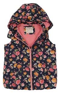 Tmavomodrá květovaná šusťáková zateplená vesta s kapucí LC Waikiki