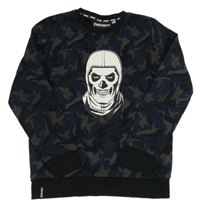 Tmavomodro-šedo-černá vzorovaná mikina s lebkou - Fortnite 