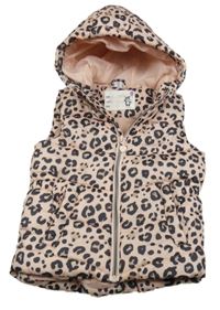 Růžovo-antracitovo-béžová šusťáková zateplená vesta s leopardím vzorem a kapucí Dopodopo