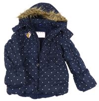 Tmavomodro-růžová puntíkatá šusťáková zimní bunda s koníky a kapucí s kožešinou 