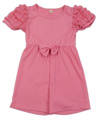 Růžový žebrovaný kraťasový overal s mašlí 