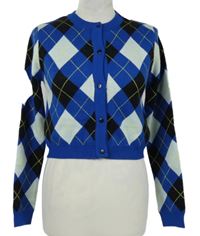 Nové - Dámský modro-černo-bílý károvaný crop propínací svetr Primark 