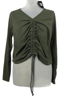 Nové - Dámské khaki žebrované crop triko se stahováním PrettyLittle Thing