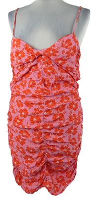 Dámské růžovo-červené kytičkované řasené šaty Zara 