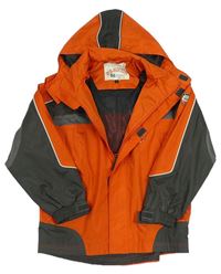 Oranžovo-šedá šusťáková jarní bunda s číslem a kapucí