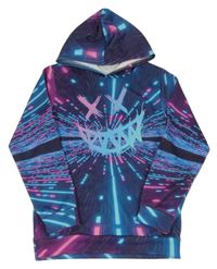 Tmavomodro-růžovo-modrá mikina se smajlíkem a kapucí