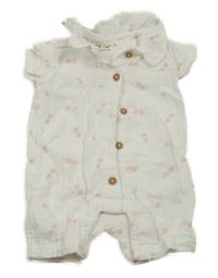 Bílý mušelínový letní kraťasový overal s růžovými květinami 