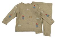 2 set - béžové pletené tepláky + béžový svetr s výšivkami 