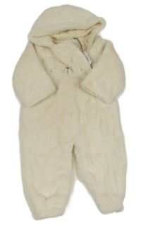 Nové - Smetanová kožešinová podšitá kombinéza s medvídkem a kapucí Tu