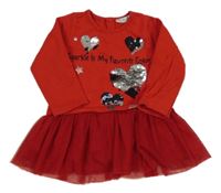 Červené teplákovo/tylové šaty se srdíčky z flitrů zn. Visara