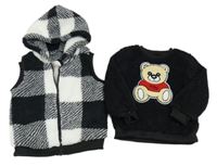 2set - Černo-bílá chlupatá kostkovaná vesta s kapucí + černá chlupatá mikina s medvídkem 