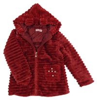 Červený chlupatý žebrovaný kabátek s kapucí Glass