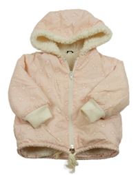 Světlerůžová plátěná zateplená bunda s medvídky a kapucí 