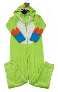 Limetkovo-modro-červená plyšová kombinéza s kapucí - papoušek Primark 