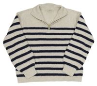 Smetanovo-tmavomodrý pruhovaný svetr F&F