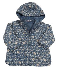 Modrá šusťáková prošívaná zateplená bunda s kytičkami a kapucí So Cute 