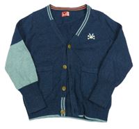 Tmavomodro-světlemodrý propínací vlněný svetr s výšivkou 