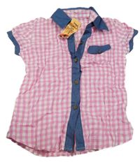 Nové - Růžovo-bílá kostkovaná halenka s modrými lemy 