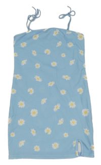 Modré pouzdrové šaty s kytičkami a rozparkem Shein