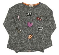 Černo-bílé melírované úpletové mikinotriko s obrázky a flitry H&M