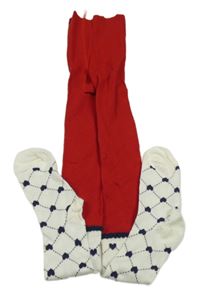 Červeno-bílo-tmavomodré kárované punčocháče se srdíčky PRIMARK