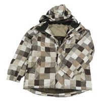 Hnědo-béžovo-bílo-tmavohnědá kostkovaná šusťáková funkční zimní lyžařská bunda s odepínací kapucí crivit