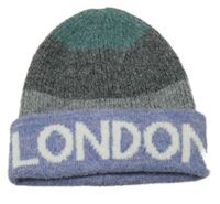 Tmavošedo-šedo-fialovo-modrozelená melírovaná vlněná čepice s nápisem 