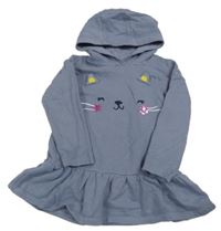 Šedomodrá tepláková šatová tunika s kočičkou a kapucí Nutmeg