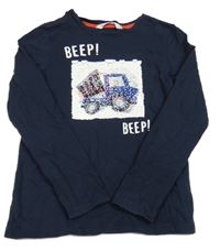 Tmavomodré triko s překlápěcími flitry s nákladním autem a nápisy H&M