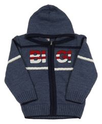 Modro-šedo-tmavomodrý melírovaný vlněný propínací svetr s nápisem a kapucí 