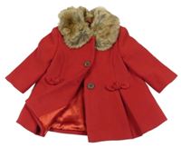 Červený flaušový podšitý kabát s mašlemi a kožešinovým límečkem F&F