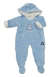 Modrá sametová zateplená kombinéza s medvídkem a kapucí BeRTi