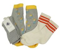 Nové - 3x - Ponožky - Šedé melírované žebrované PETIT BATEAU, šedo/tmavožluté teplé s vílami, bílé s pruhy