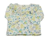 Smetanové triko s kytičkami a větvičkami a ptáčky a volánkem M&S