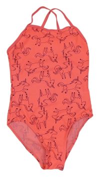 Křiklavě korálové jednodílné plavky s jednorožci Topolino