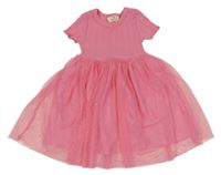 Růžové žebrovano/tylové šaty se třpytivými puntíky H&M