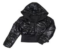 Černý prošívaný šusťákový nepromokavý pod/zimní bomber s kapucí SHEIN