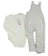 Nové - 2set - Bílé žebrované body + světlešedo-bílé pruhované laclové tepláky F&F