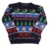 Tmavomodrý svetr s dinosaury a Santy zn. H&M
