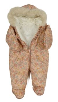 Růžová květovaná šusťáková zimní kombinéza s volánky a kapucí George