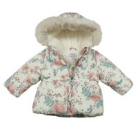 Smetanová květovaná šusťáková zimní bunda s kapucí F&F