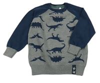 Šedo-tmavomodrý svetr s dinosaury