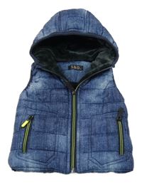 Modrá šusťáková zateplená vesta riflového vzhledu s kapucí